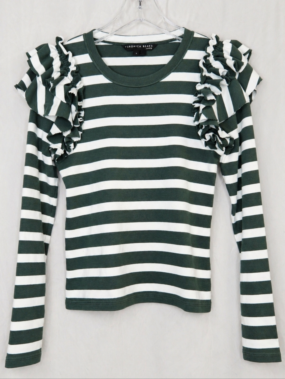 Veronica Beard Segrist Green Ivory Breton Stripe Ruffle Sleeve Ribbed Top Blouse